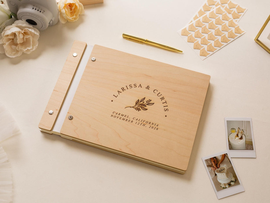 Engraved Premium Photo Guest Book (Design 2) - Wooden Floral Wedding Guest Album, Bridal Shower Photo Memory Book for Instax Mini Photos