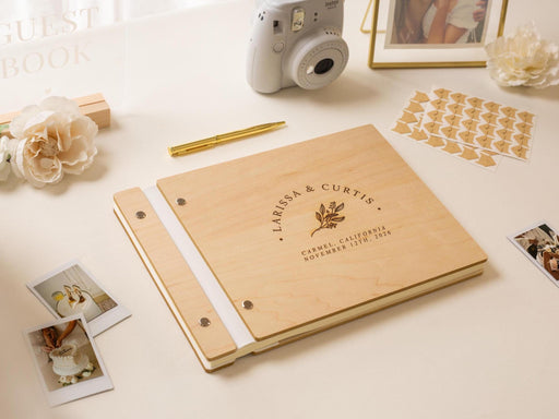 Engraved Premium Photo Guest Book (Design 2) - Wooden Floral Wedding Guest Album, Bridal Shower Photo Memory Book for Instax Mini Photos