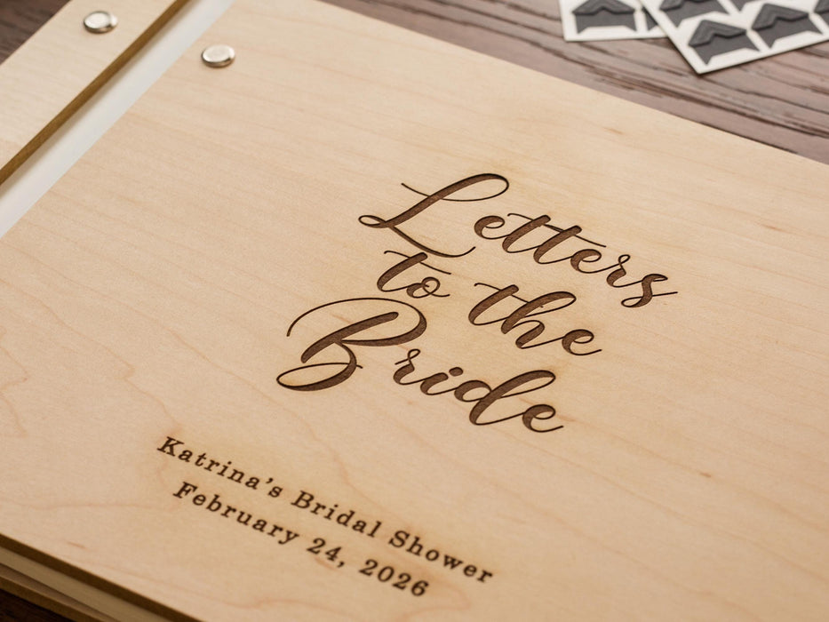 Engraved Premium Photo Guest Book (Design 3) - Wooden Personalized Letters to the Bride Keepsake, Bridal Shower Bachelorette Instax Album