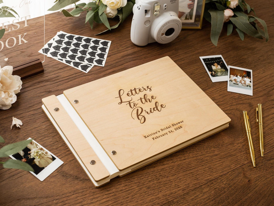 Engraved Premium Photo Guest Book (Design 3) - Wooden Personalized Letters to the Bride Keepsake, Bridal Shower Bachelorette Instax Album