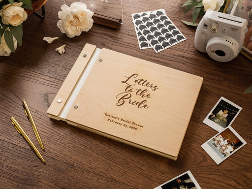 Engraved Premium Photo Guest Book (Design 3) - Wooden Personalized Letters to the Bride Keepsake, Bridal Shower Bachelorette Instax Album