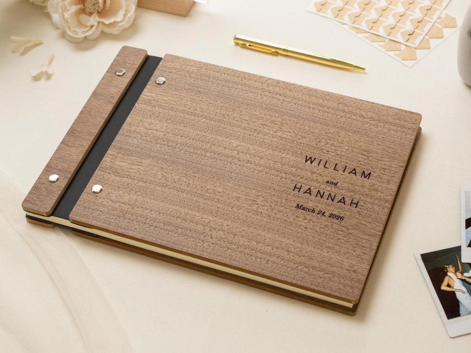 Engraved Premium Photo Guest Book (Design 1) - Wooden Minimal Wedding Guest Book for Photos of Guests, Personalized Keepsake Photo Album