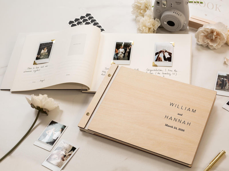 Wooden Luxe Photo Guest Book (D1) - Personalized Modern Minimal Wedding Keepsake Album, Instax Mini Instant Camera Film Guestbook Messages