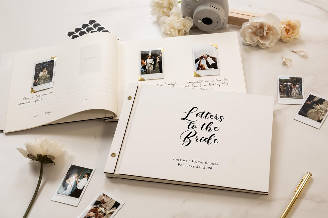 Wooden Luxe Photo Guest Book (D3) - Personalized Letters To The Bride Guestbook Memory Keepsake Album for Bride-to-be Gift Bridal Shower