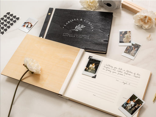 Wooden Luxe Photo Guest Book (D2) - Customized Leaf & Floral Design Wedding Keepsake Memory Album with Instax Polaroid Layout Lined Pages