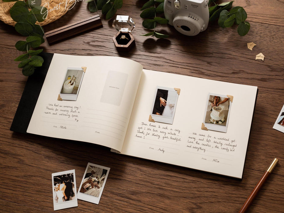 Wooden Luxe Photo Guest Book (D2) - Customized Leaf & Floral Design Wedding Keepsake Memory Album with Instax Polaroid Layout Lined Pages