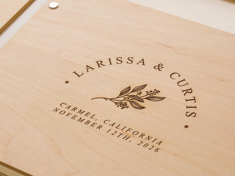Engraved Premium Photo Guest Book (Design 2) - Wooden Floral Wedding Guest Album, Bridal Shower Photo Memory Book for Instax Mini Photos