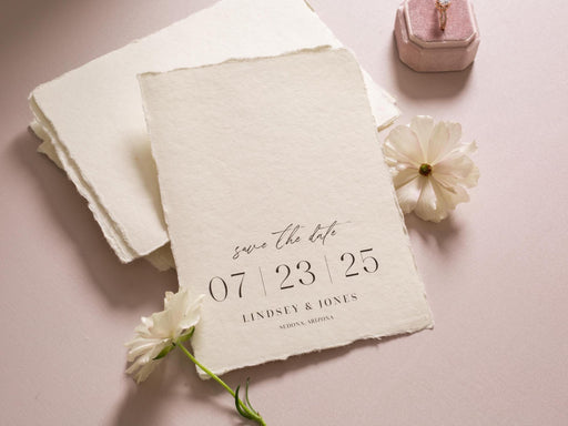 Printed Deckled Edge Save-the-Date Cards (D1) - 5x7 Custom Bulk Wedding Stationary Raw Edge on Thick Cotton Paper, Optional A7 Envelopes