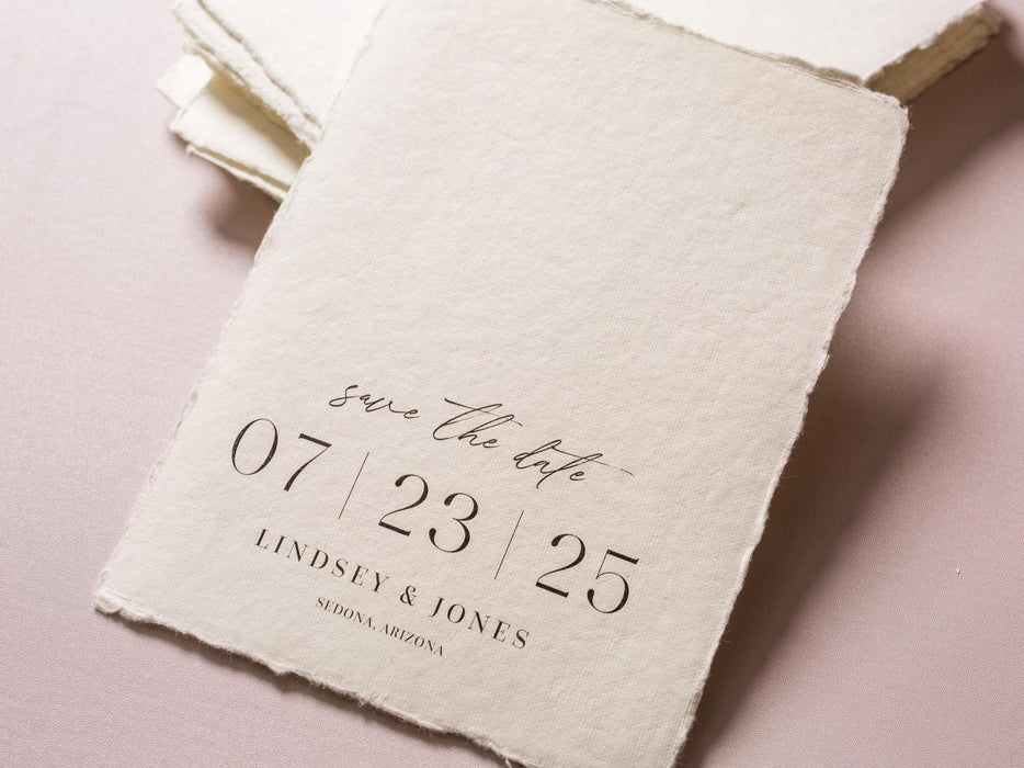 Printed Deckled Edge Save-the-Date Cards (D1) - 5x7 Custom Bulk Wedding Stationary Raw Edge on Thick Cotton Paper, Optional A7 Envelopes