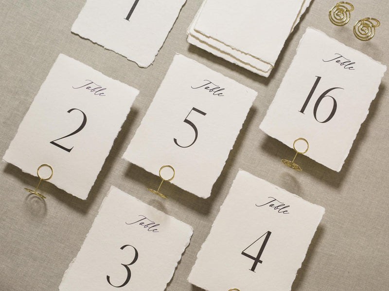 Set of 10 Deckle Edge Table Numbers - Ready to Ship with Optional Stands, Wedding Reception Event Signage, Minimalist Table Setting, 5x7
