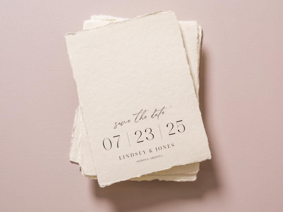 Printed Deckled Edge Save-the-Date Cards (D1) - 5x7 Custom Bulk Wedding Stationary Raw Edge on Thick Cotton Paper, Optional A7 Envelopes