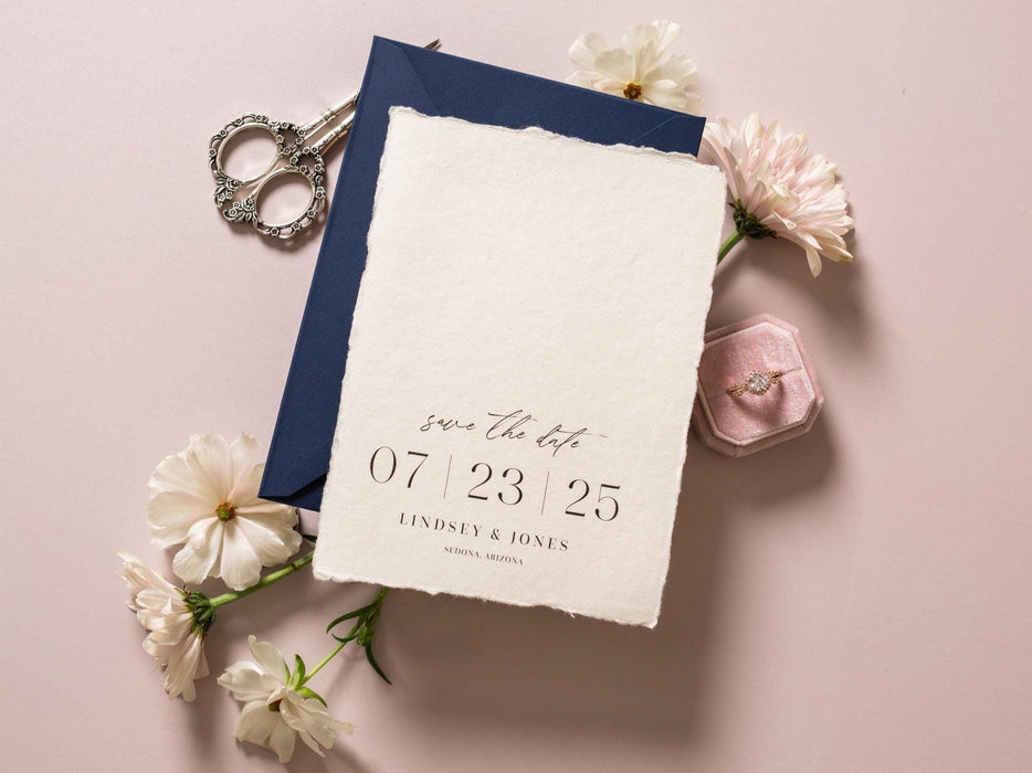 Printed Deckled Edge Save-the-Date Cards (D1) - 5x7 Custom Bulk Wedding Stationary Raw Edge on Thick Cotton Paper, Optional A7 Envelopes