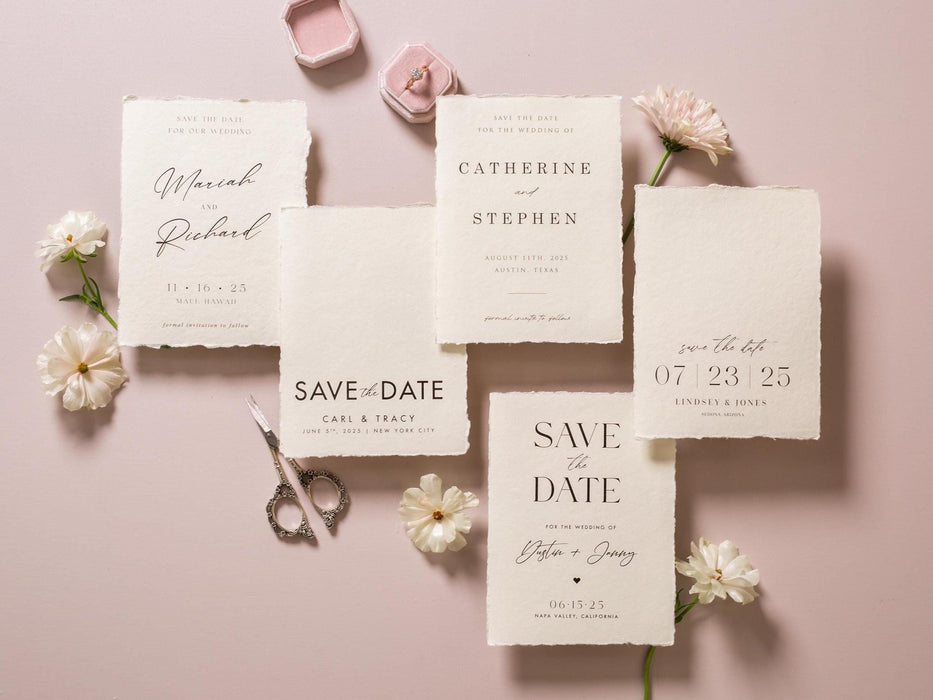 Printed Deckle Edge Save-the-Date Cards (D6) - 5x7 Custom wedding save the date stationary raw edge on thick cotton paper optional envelopes