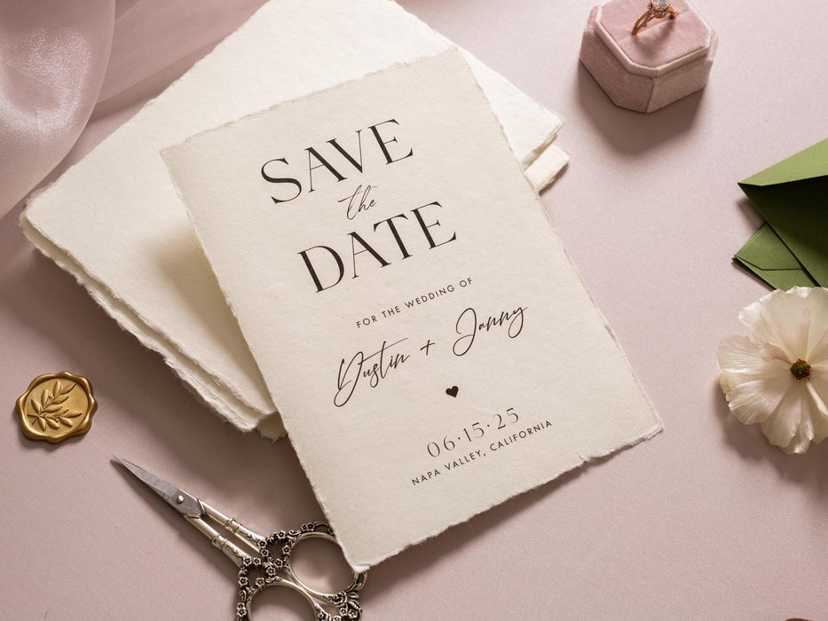 Printed Deckled Edge Save-the-Date Cards (D2) - 5x7 Custom Wedding Stationary Raw Edge on Thick Cotton Paper, w/ Optional A7 Envelopes