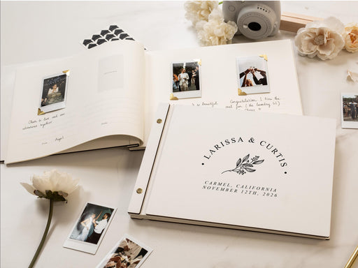 Wooden Luxe Photo Guest Book (D2) - Customized Leaf & Floral Design Wedding Keepsake Memory Album with Instax Polaroid Layout Lined Pages