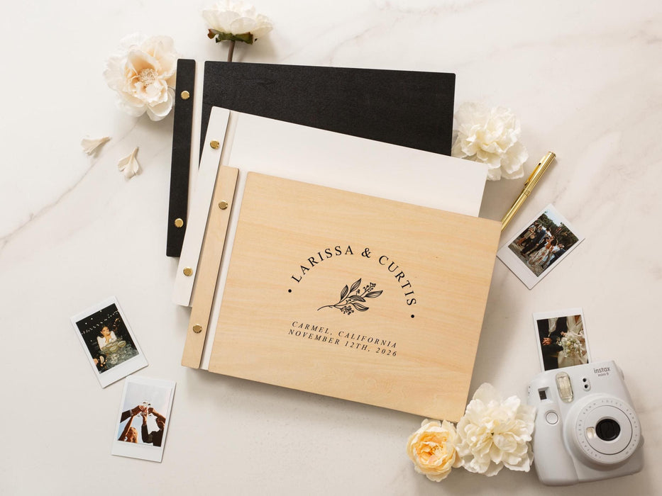 Wooden Luxe Photo Guest Book (D2) - Customized Leaf & Floral Design Wedding Keepsake Memory Album with Instax Polaroid Layout Lined Pages