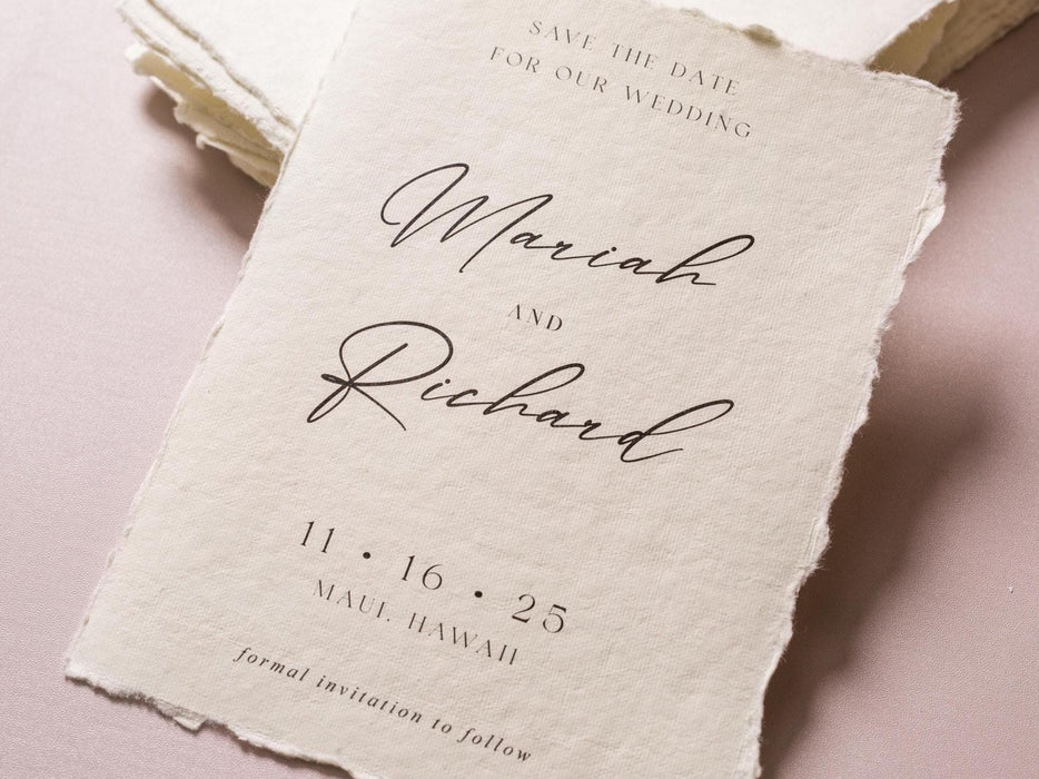 Printed Deckled Edge Save-the-Date Cards (D5) - 5x7 Custom Cards Stationary on Raw Edge Cotton Paper for Weddings, W/ Optional A7 Envelopes