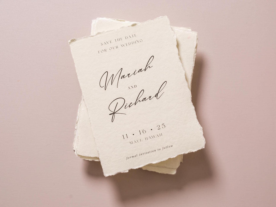 Printed Deckled Edge Save-the-Date Cards (D5) - 5x7 Custom Cards Stationary on Raw Edge Cotton Paper for Weddings, W/ Optional A7 Envelopes