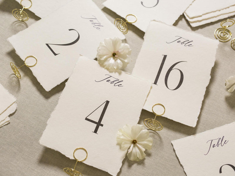 Set of 10 Deckle Edge Table Numbers - Ready to Ship with Optional Stands, Wedding Reception Event Signage, Minimalist Table Setting, 5x7