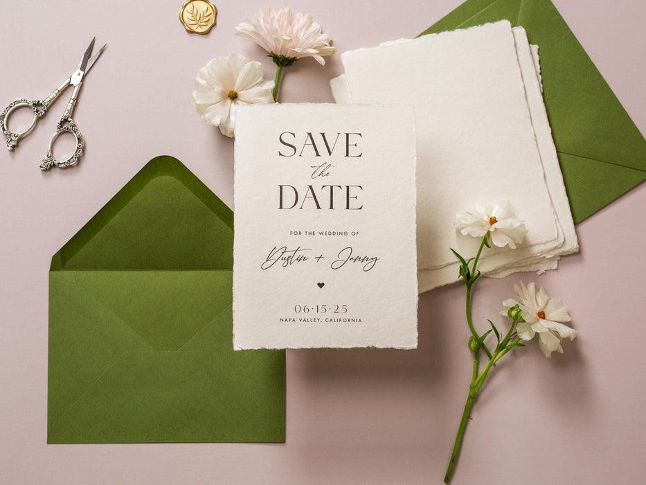 Printed Deckled Edge Save-the-Date Cards (D2) - 5x7 Custom Wedding Stationary Raw Edge on Thick Cotton Paper, w/ Optional A7 Envelopes