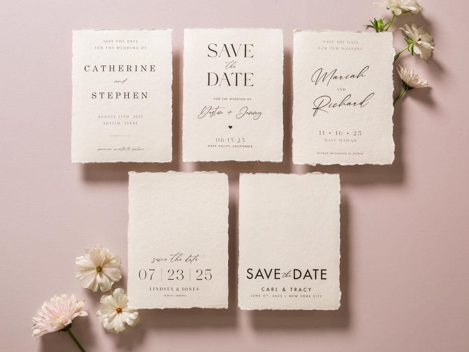Printed Deckled Edge Save-the-Date Cards (D5) - 5x7 Custom Cards Stationary on Raw Edge Cotton Paper for Weddings, W/ Optional A7 Envelopes