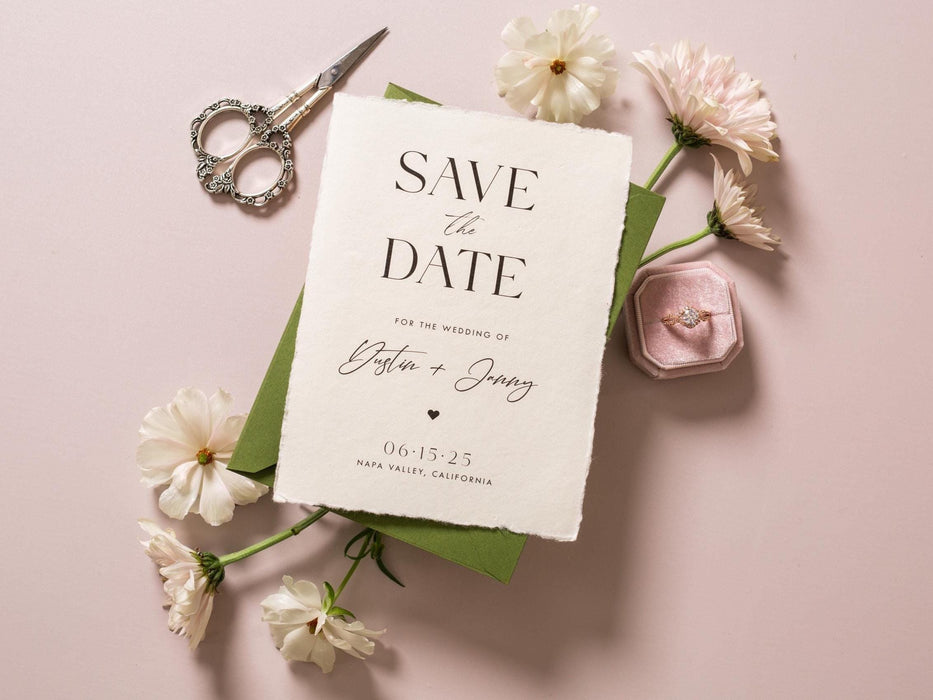 Printed Deckled Edge Save-the-Date Cards (D2) - 5x7 Custom Wedding Stationary Raw Edge on Thick Cotton Paper, w/ Optional A7 Envelopes