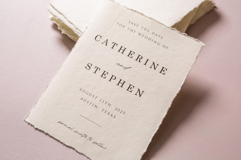 Printed Deckle Edge Save-the-Date Cards (D4) - 5x7 Custom Wedding Invitation Cards, Raw Edge Cotton Paper, w/ Optional Envelopes A7