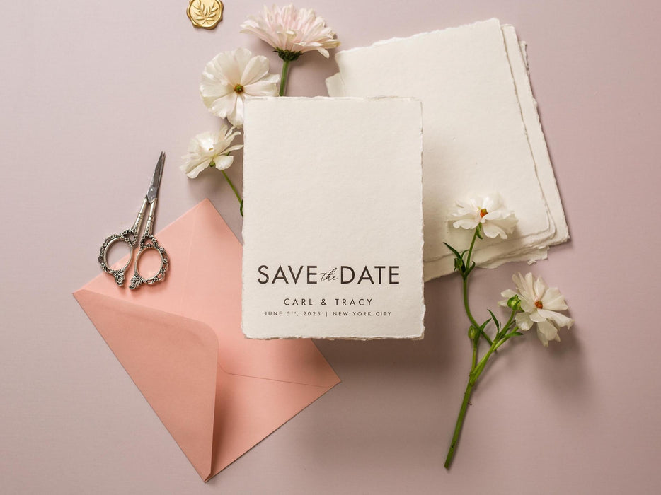 Printed Deckle Edge Save-the-Date Cards (D6) - 5x7 Custom wedding save the date stationary raw edge on thick cotton paper optional envelopes