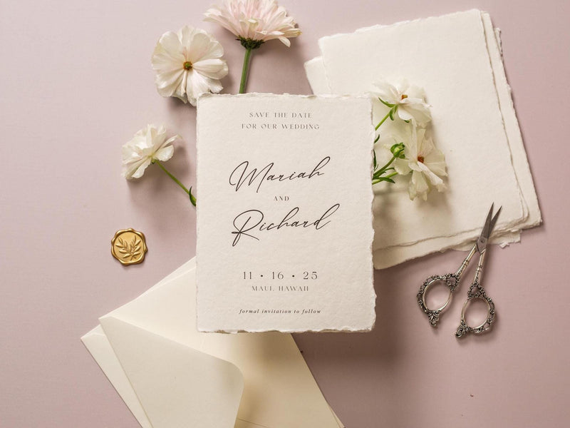 Printed Deckled Edge Save-the-Date Cards (D5) - 5x7 Custom Cards Stationary on Raw Edge Cotton Paper for Weddings, W/ Optional A7 Envelopes