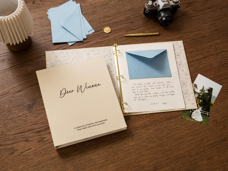 May include: An open scrapbook with the words "Dear Winona" on the cover, along with the text "A collection of letters and memories from those who love you most." Inside, a blue envelope and handwritten letter are visible. A vintage camera and blue envelopes are also present.