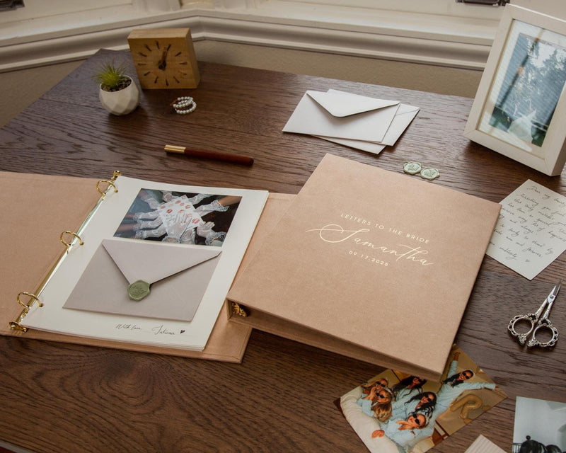 Foil Letters to the Bride Binder (D5) - Velvet or Leather Album Gold Silver Font Bridal Shower Wedding Guestbook w/ Layout Pages & Envelopes