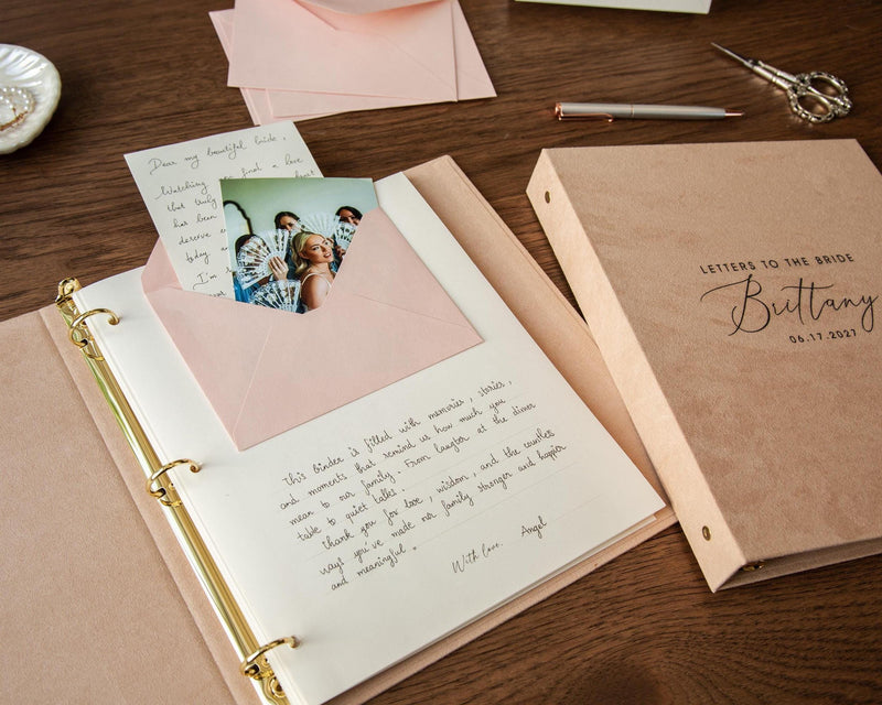 Letters to the Bride Binder (D5) - Velvet or Leather Album, Bridal Shower Wedding Memory Guest Book Alternative w/ Layout Pages & Envelopes