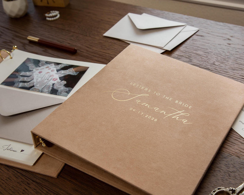 Foil Letters to the Bride Binder (D5) - Velvet or Leather Album Gold Silver Font Bridal Shower Wedding Guestbook w/ Layout Pages & Envelopes